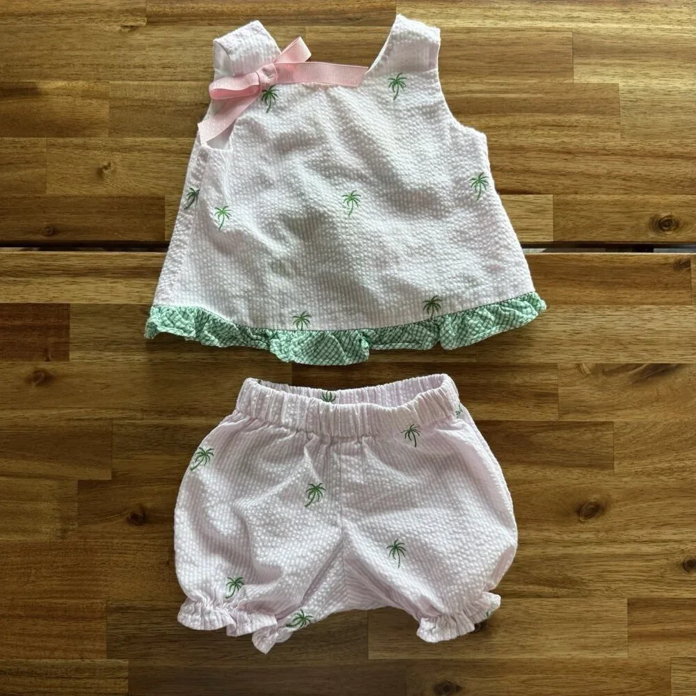 Funtasia Too Pink & White‎ Baby Girls Set Seersucker Size 6 Month Palm Print Bow